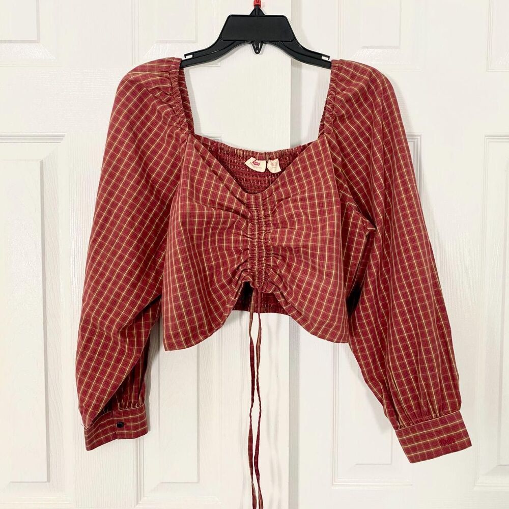 NWT Levi's Womens Devin Blouse / Cropped Gingham Burgundy Red Cotton Top L